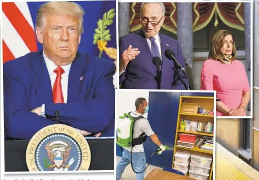  ??  ?? DDays afterf President Trump threatened to defund “anarchist” cities, a FEMA policy change declares funds for the cleaning of schools (r.) and transit (main photo) are no longer “necessary to protect public health.” Senate Minority Leader Chuck Schumer (above, with House Speaker Nancy Pelosi) ripped policy as “absurd.”