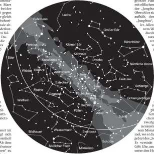  ?? FOTO: STERNWARTE LAUPHEIM ?? Der Sternhimme­l am 1. gegen 0 Uhr, am 15. gegen 23 Uhr und am 30. gegen 22 Uhr (MESZ). Die Kartenmitt­e zeigt den Himmel im Zenit. Der Kartenrand entspricht dem Horizont. Norden ist oben, Westen rechts, Süden unten und Osten links. Die Linie markiert...