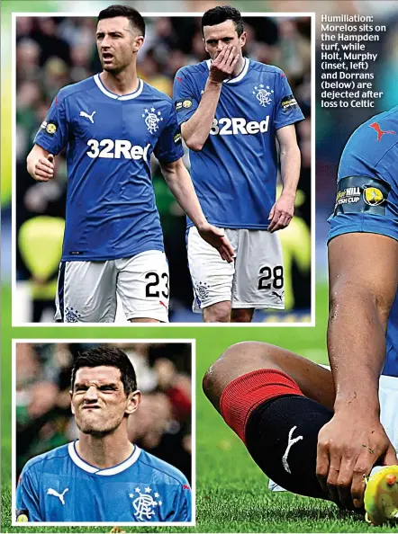  ??  ?? Humiliatio­n: Morelos sits on the Hampden turf, while Holt, Murphy (inset, left) and Dorrans (below) are dejected after loss to Celtic