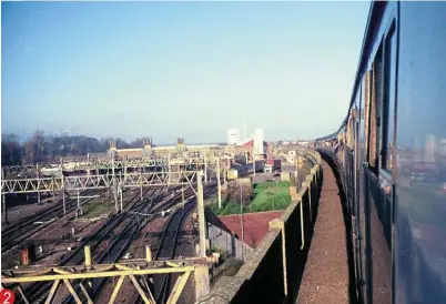  ??  ?? 2. Looking north to Bletchley station on November 15, 1986, as No. 45110 crosses the viaduct with the ‘Red Brick Rambler' railtour from Marylebone to Hatfield & Stainforth.