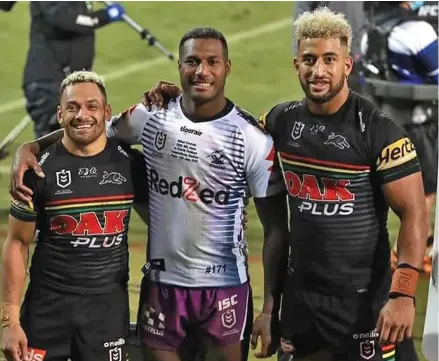  ??  ?? Melbourne Storm winger, Suliasi Vunivalu (middle), is flanked by Penrith Panthers players, Api Koroisau (left) and Viliame Kikau.