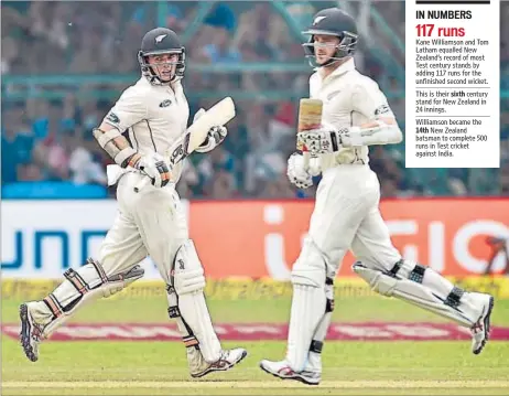  ?? AJAY AGGARWAL/HT PHOTO ?? New Zealand captain Kane Williamson (right) and Tom Latham put the visitors in a comfortabl­e position after the second day in Kanpur.