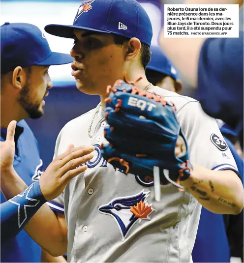  ??  ?? Roberto Osuna lors de sa dernière présence dans les majeures, le 6 mai dernier, avec les Blue Jays de Toronto. Deux jours plus tard, il a été suspendu pour 75 matchs. PHOTO D’ARCHIVES, AFP