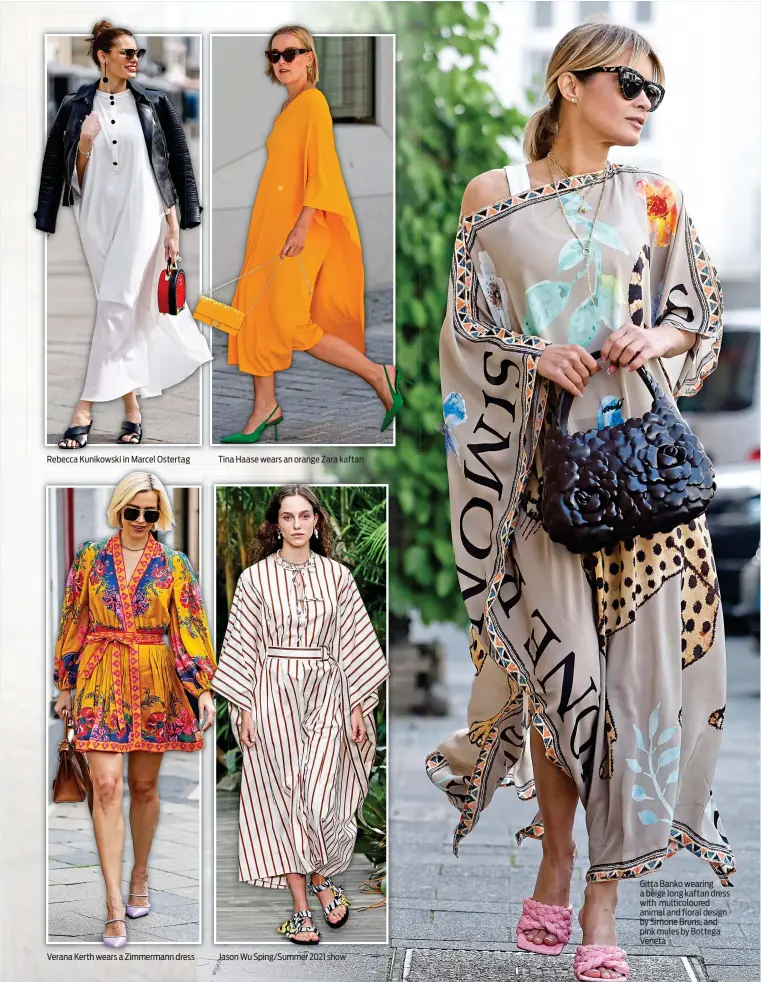  ??  ?? Gitta Banko wearing a beige long kaftan dress with multicolou­red animal and floral design by Simone Bruns, and pink mules by Bottega Veneta