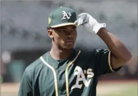  ?? JEFF CHIU — THE ASSOCIATED PRESS ?? In this June 15, 2018, file photo, Oakland Athletics draft pick Kyler Murray looks on before a game between the Athletics and the Los Angeles Angels, in Oakland, Calif.