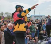  ?? SETH WENIG/AP ?? ALU President Christian Smalls speaks at a rally outside an Amazon facility April 24 on Staten Island in New York. Workers voted against the ALU on Monday.