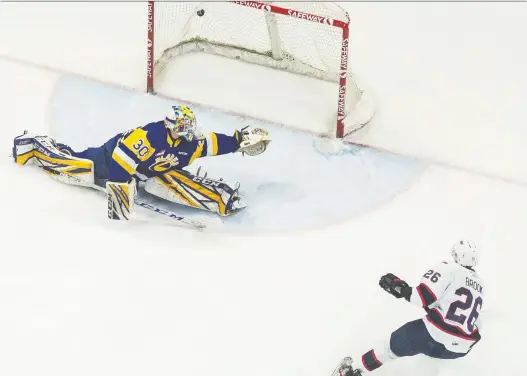  ?? BRANDON HARDER ?? Jakob Brook scored his first goal with the Regina Pats when he ripped a shot past Saskatoon Blades goalie Koen Macinnes at the Brandt Centre on Saturday.