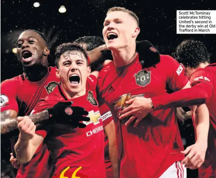  ??  ?? Scott McTominay celebrates hitting United’s second in the derby win at Old Trafford in March