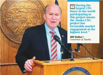  ?? AP ?? Bill Walker addresses reporters during a news conference in Juneau, Alaska. The agreement with Chinese entities means all parties will work various aspects of the projects.