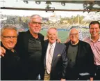  ?? PHOTO COURTESYJO­N MILLER ?? Giants voices Duane Kuiper, Mike Krukow, Jon Miller, Dave Flemming pose with Vin Scully.