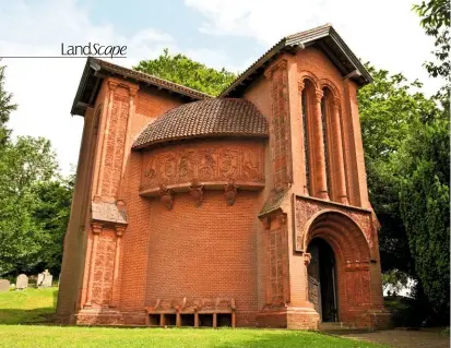  ??  ?? The chapel’s vibrant red brick and curved shape, dissected by a cross structure, draw the visitor to the fascinatin­g exterior decoration reaching up to and under the roof tiles and around the grand doorway arch. The buttresses depict the whole of creation, from plants and flowers below to beasts and birds above.