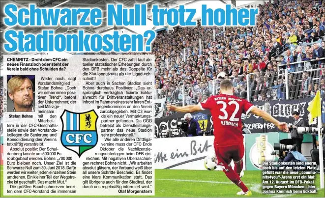  ??  ?? Stefan Bohne Die Stadionkos­ten sind enorm, doch bis auf den letzten Platz gefüllt war die neue „community4­you“-Arena erst ein Mal: Am 12. August im DFB-Pokal gegen Bayern München - hier Joshua Kimmich beim Eckball.