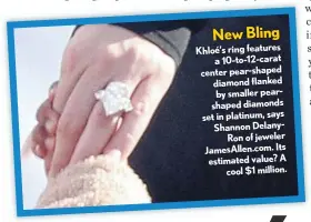  ??  ?? New Bling
Khloé’s ring features a 10-to-12-carat center pear-shaped diamond flanked by smaller pearshaped diamonds set in platinum, says Shannon Delanyron of jeweler Jamesallen.com. Its estimated value? A cool $1 million.