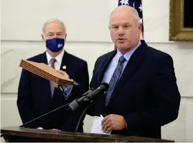  ?? (Arkansas Democrat-Gazette) ?? State Sen. Jim Hendren speaks Aug. 19, 2020, in Little Rock at the Capitol during a press conference to reveal a draft of a proposed hate-crime law.