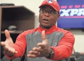  ??  ?? Mike Singletary, the coach of the Memphis Express, talks about his role in the newly formed eight-team Alliance of American Football. JOE RONDONE/THE COMMERCIAL APPEAL