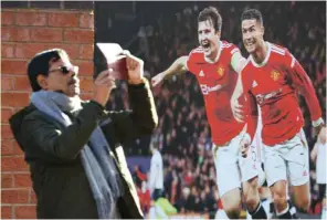  ?? ?? A man takes a photo outside Old Trafford next to a Cristiano Ronaldo picture after it was announced by the club that Ronaldo would be leaving Manchester United.