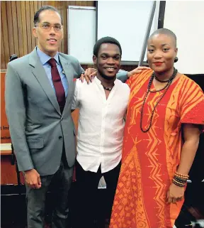  ?? PHOTO BY PAUL WILLIAMS ?? From left: Professor Matthew Smith, producer and director; medical student Kapel Dowe (who plays young Walter Rodney); and filmmaker Michelle Serrieux, at the world premiere of ‘The Past Is Not Our Future’ at the Neville Hall Lecture Theatre on the...