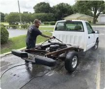  ??  ?? Like most of the projects in the past, we turn to Dallas Maynard of Full Pen Fabricatio­n to make the magic happen. Before he got down to the nitty gritty, Dallas removed the bed and pressure cleaned the frame. Twenty-plus years of rust and road grime is better off in the driveway than in your face—am I right? 03