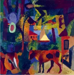  ?? (© Saint Louis Art Museum) ?? August Macke, Landschaft mit Kühen, Segelboot und Figuren, 1914, Huile sur toile, 52 × 51 cm, St. Louis, Saint Louis Art Museum.