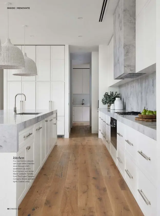  ??  ?? kitchen Five-star finishes abound, with Super White Dolomite stone through KWD, weathered-oak doors from Farmers, and Armac Martin ‘Leebank’ handles from The English Tapware Company. Wicker pendant lights, Coastal Living.