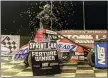  ?? COURTESY THUNDER ON THE HILL RACING ?? Brady Bacon reaches victory lane after winning the USAC sprint race at Grandview on April 22.