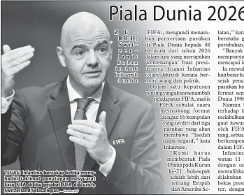  ?? —Gambar AFP ?? TEGAS: Infantino bercakap ketika menghadiri taklimat penutupan mesyuarat Exco FIFA di ibu pejabat FIFA di Zurich, Switzerlan­d Selasa lepas.