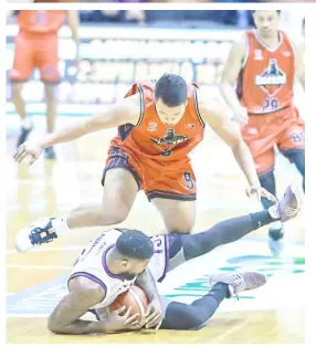  ?? PHOTOGRAPH BY RIO DELUVIO FOR THE DAILY TRIBUNE @tribunephl_rio ?? BASER Amer of Blackwater jumps over Maverick Ahanmisi of Converge during their PBA Philippine Cup game yesterday at the Smart Araneta Coliseum.