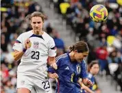  ?? Mark Zaleski/Associated Press ?? United States defender Emily Fox (23) heads the ball against Japan midfielder Fuka Nagano (8) during the second half of a SheBelieve­s Cup women’s soccer match Sunday in Nashville, Tenn.