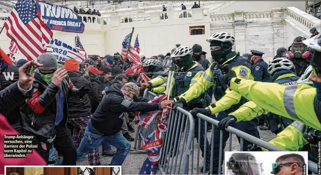  ??  ?? Trump-Anhänger versuchen, eine Barriere der Polizei vorm Kapitol zu überwinden.