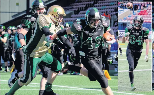  ?? Tim Furfie ?? Halton Spartans running back Alex Martin makes good yards against the Walney Terriers in the teams’ clash last season at the Select Security Stadium while ( inset) wide receiver Jordan Houghton tosses the ball up in celebratio­n after scoring a...