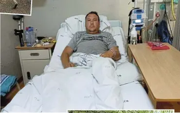  ?? Pictures: Supplied ?? Anthony Joubert recovers in a Middelburg hospital after the crocodile attack. He suffered injuries to his leg, stomach and fingers.