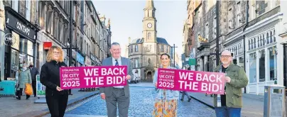  ?? ?? Hopeful Pictured (from left) in Stirling city centre are Amanda Mcluskey Design and Concept Partner at Brooklyn Kitchens; Stirling Council Leader, Cllr Scott Farmer; Nicky O’neill, Owner of Oscar’s Wine Bar; Barry Mcdonald, Head of Codebase, Stirling. Picture credit: Stirling Council/mark Ferguson.