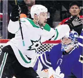  ?? FRANK GUNN / THE CANADIAN PRESS ?? Dallas Stars centre Devin Shore celebrates his third-period goal on Toronto goaltender Frederik Andersen.