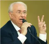  ?? AP FILE PHOTO ?? Colombia’s former President Belisario Betancur speaks at a conference in Panama City in 2004. Betancur died Friday at a clinic in Bogota.