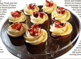  ??  ?? Bourbon and bacon cream cheese cupcakes are another interestin­g highlight on Bacon It’s menu.