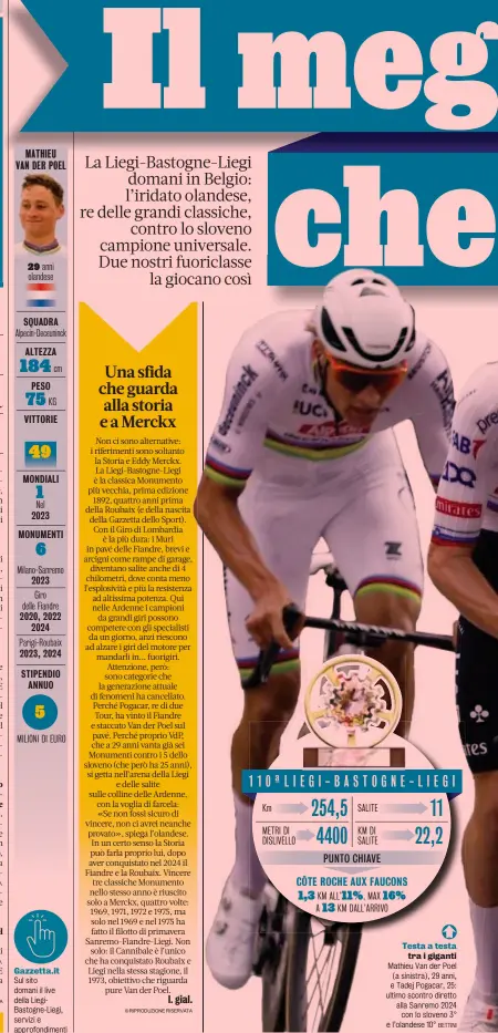  ?? BETTINI ?? Testa a testa tra i giganti
Mathieu Van der Poel (a sinistra), 29 anni, e Tadej Pogacar, 25: ultimo scontro diretto alla Sanremo 2024 con lo sloveno 3° e l’olandese 10°