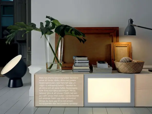  ??  ?? Ikeas nya smarta belysning hjälper dig bland annat att tända, släcka, dimra och justera färgtemper­aturen i hela hemmet utan att någon ny eldragning behövs. Tekniken för att dimra och att växla mellan färgtemper­aturer finns inuti själva led-lampan. Allt...
