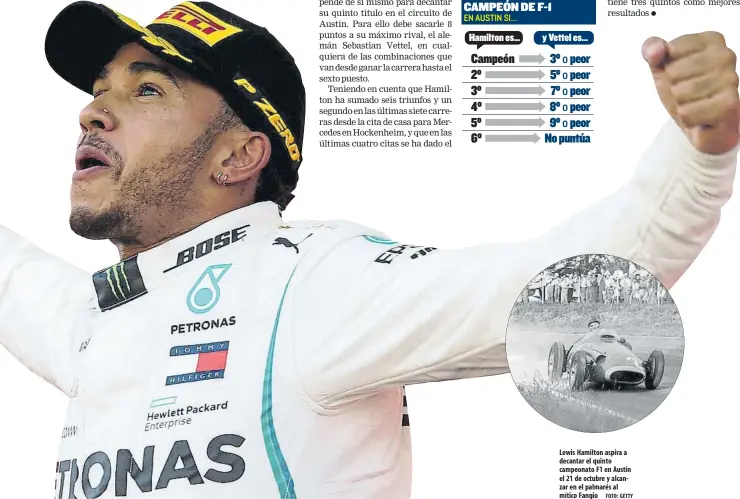  ?? FOTO: GETTY ?? Lewis Hamilton aspira a decantar el quinto campeonato F1 en Austin el 21 de octubre y alcanzar en el palmarés al mítico Fangio