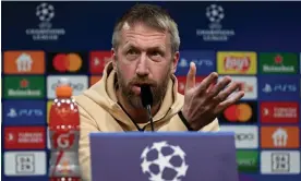  ?? Photograph: Darren Walsh/Chelsea FC/Getty Images ?? Graham Potter addresses the media on Tuesday before Chelsea’s Champions League tie at Borussia Dortmund on Wednesday.