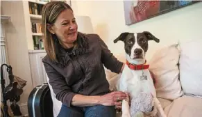  ?? — AP ?? Pandemic pet: Jessica Wright sitting next to her dog Penny at home in decatur, Georgia. Wright had to navigate distanced vet appointmen­ts as she took Penny into her home during the pandemic.