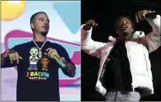  ?? PHOTOS BY AMY HARRIS, LEFT, AND MARK VON HOLDEN/ INVISION/AP ?? This combinatio­n photo shows J Balvin performing at Lollapaloo­za in Chicago in 2019, left, and Roddy Ricch performing at the 7th annual BET Experience in Los Angeles in 2019.