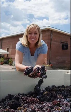  ?? CONTRIBUTE­D BY NICOLE JOHANSSON ?? Female winemaker of the year Aimee Sunseri of New Clairvaux poses with the winery’s grape harvest.