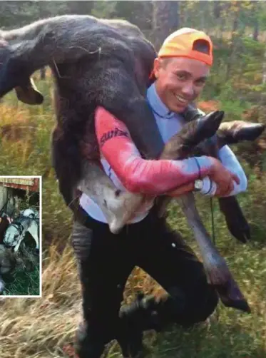  ?? FOTO: ØYSTEIN VÅGSNES ?? KRAFTIG: Lars Mosberg Midbøe (22) med elgkalven som veide mellom 70 og 80 kilo, på ryggen.