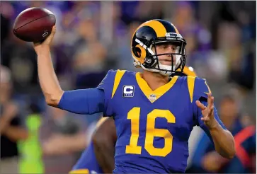  ?? AP PHOTO BY MARK J. TERRILL ?? Los Angeles Rams quarterbac­k Jared Goff passes against the Minnesota Vikings during the first half in an NFL football game Thursday, Sept. 27, in Los Angeles.