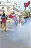  ?? PTI ?? Left supporters celebrate the party’s win in Kerala.