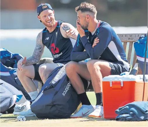  ??  ?? STILL AVAILABLE FOR SELECTION: Ben Stokes, left, and Alex Hales on England training duty in June