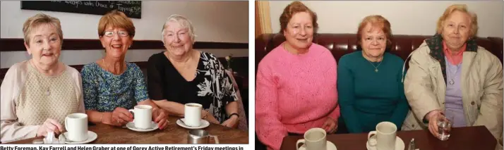  ??  ?? Betty Foreman, Kay Farrell and Helen Graber at one of Gorey Active Retirement’s Friday meetings in the Loch Garman Arms.
Teresa Rodgers, May Murphy and Eileen Coady at Gorey Active Retirement’s first meeting of 2020.