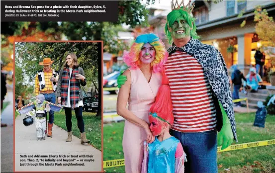  ?? [PHOTOS BY SARAH PHIPPS, THE OKLAHOMAN] ?? Ross and Brenna See pose for a photo with their daughter, Sylve, 5, during Halloween trick or treating in the Mesta Park neighborho­od.