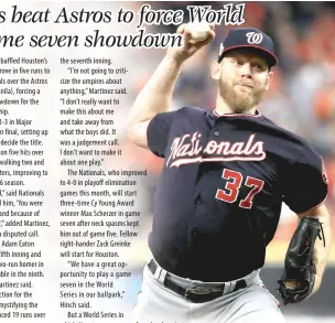  ?? AFP PHOTO ?? Stephen Strasburg (No. 37) of the Washington Nationals delivers the pitch against the Houston Astros during the second inning in Game Six of the 2019 World Series at Minute Maid Park on Wednesday in Houston, Texas.