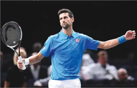  ?? — AP ?? PARIS: In this file photo taken on November 3, 2016 shows Serbia’s Novak Djokovic reacting during his third round tennis match at the ATP World Tour Masters 1000 indoor tournament.